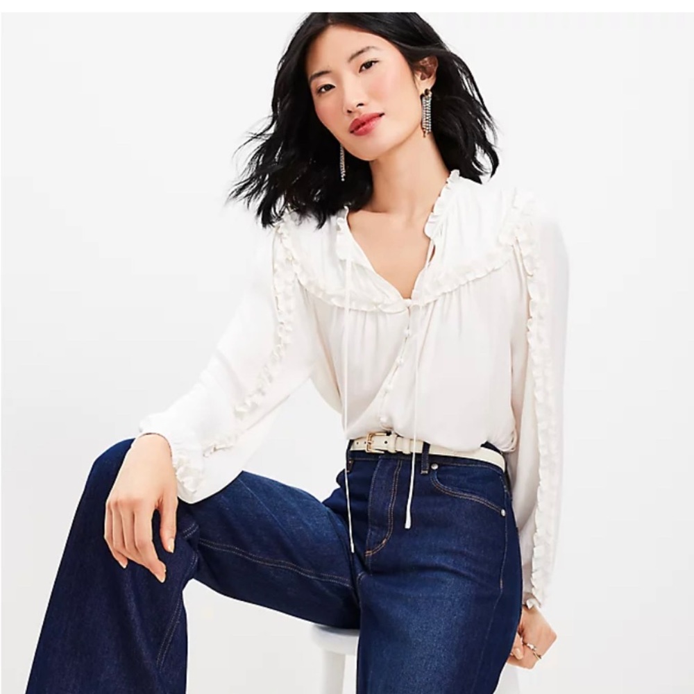 Loft Ruffle Tie Neck Button Blouse - Whisper White Petite S